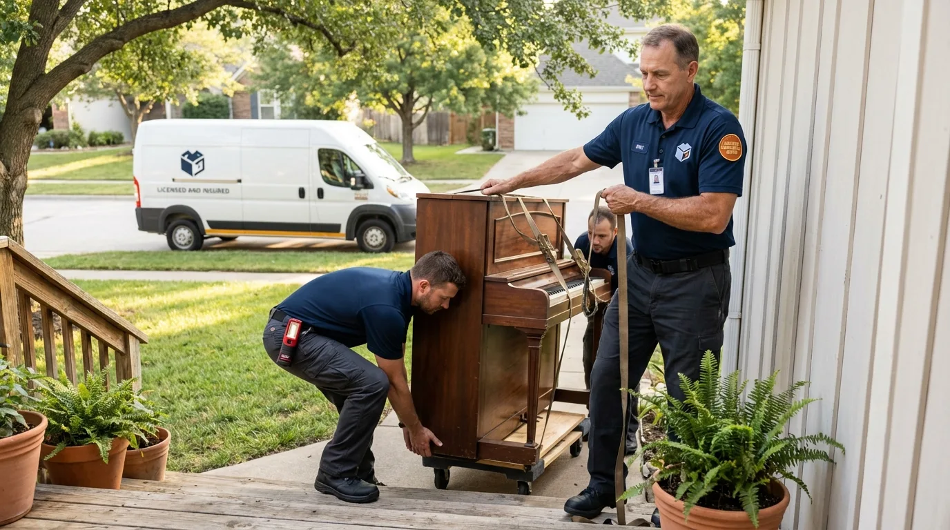 Licensed piano movers securing grand piano in Verona, NJ