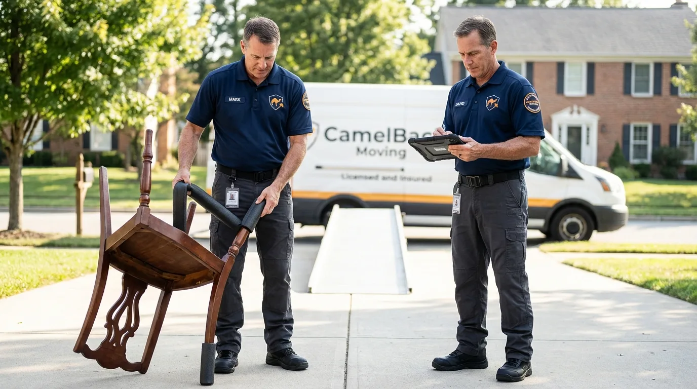 Movers inspecting furniture for damage prevention before loading in Verona, NJ