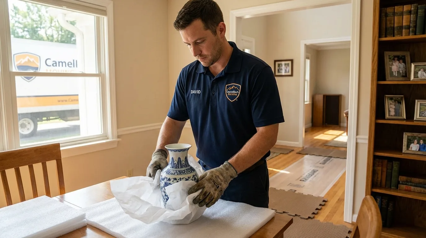 Professional crew carefully wrapping antique vase for senior downsizing move in Verona, NJ